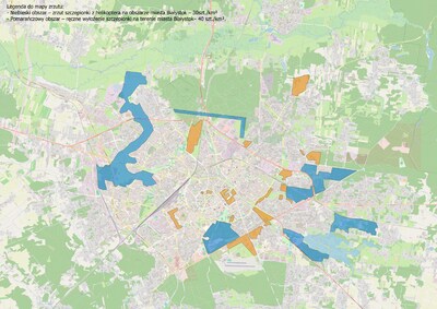 Mapa z opisem „Legenda do map zrzutu: niebieski obszar - zrzut szczepionki z helikoptera na obszarze Miasta Białystok - 30 szt./km2; pomarańczowy obszar - ręczne wyłożenie szczepionki na terenie miasta Białystok - 40 szt./km2”.